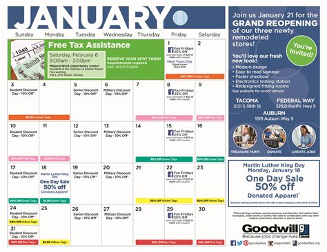 Goodwill Calendar Mar2022 (OPT1a) SUNDAY MONDAY TUESDAY WEDNESDAY THURSDAY FRIDAY SATURDAY. . Goodwill michiana sales calendar 2022